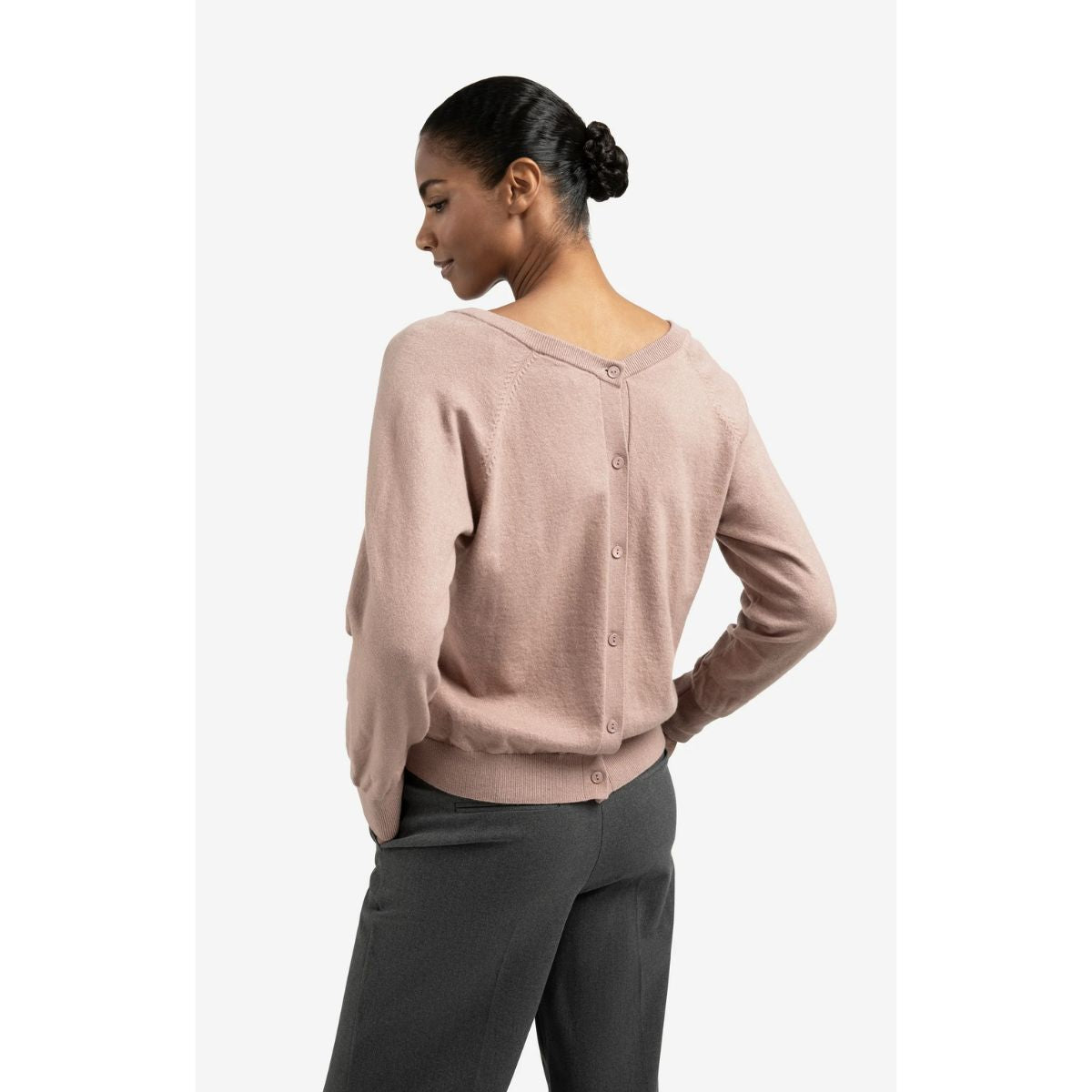 YAYA Back-Button V-Neck Sweater — Blush Pink