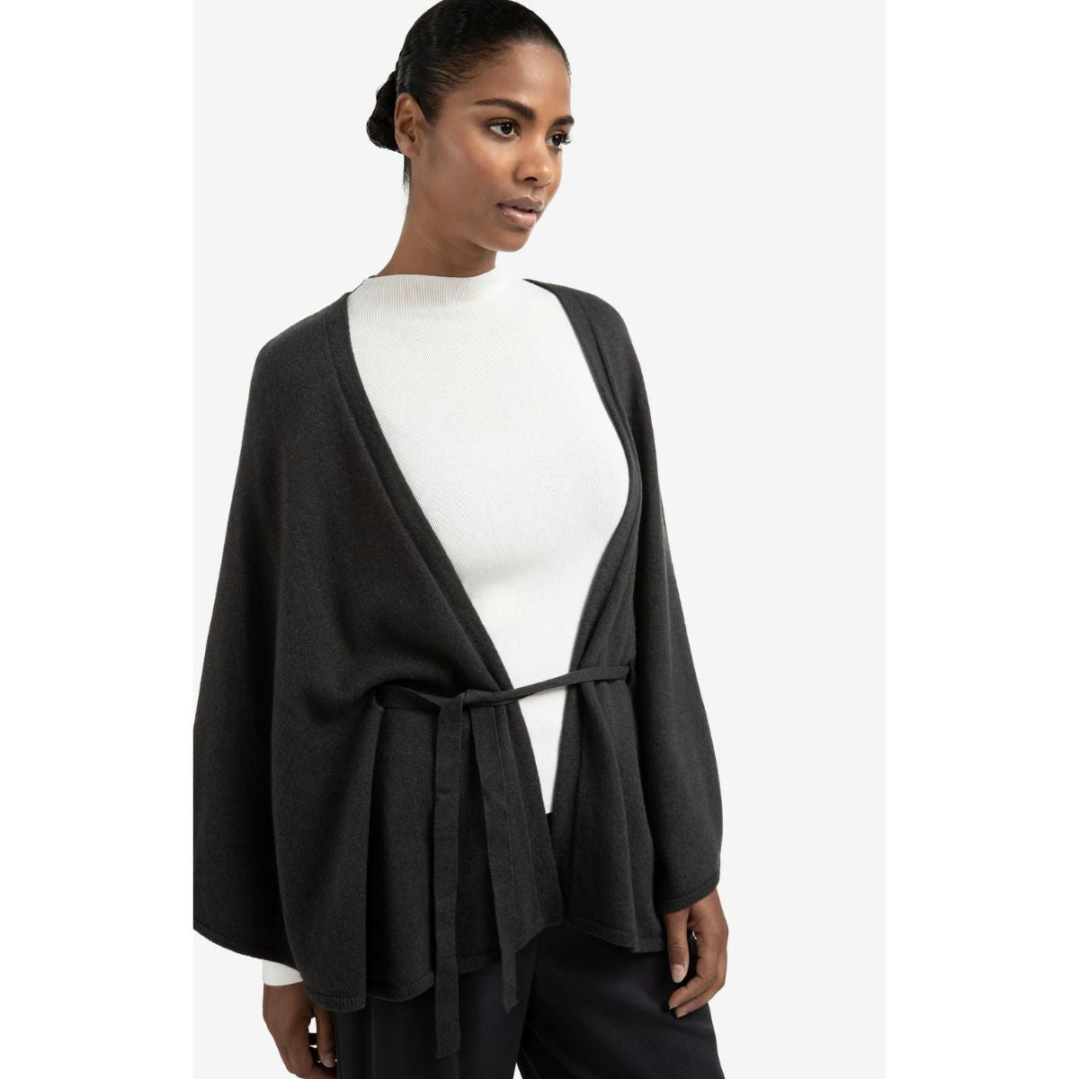 YAYA Cashmere Knitted Poncho — Oyster Black