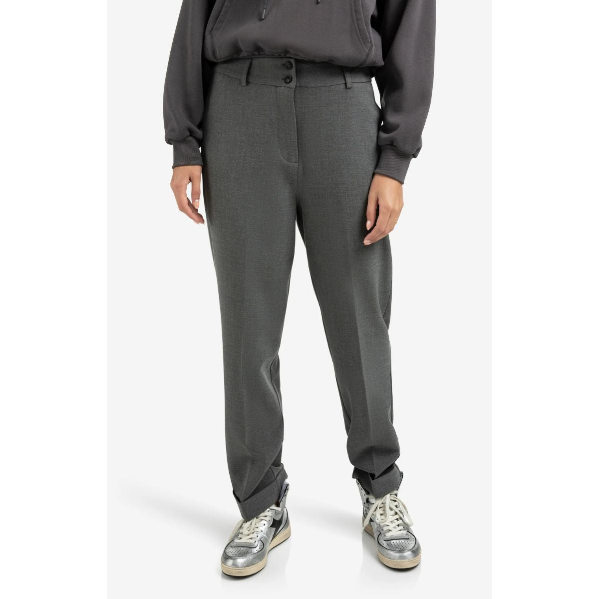 YAYA Highwaisted Straight Trousers — Black Oyster Melange