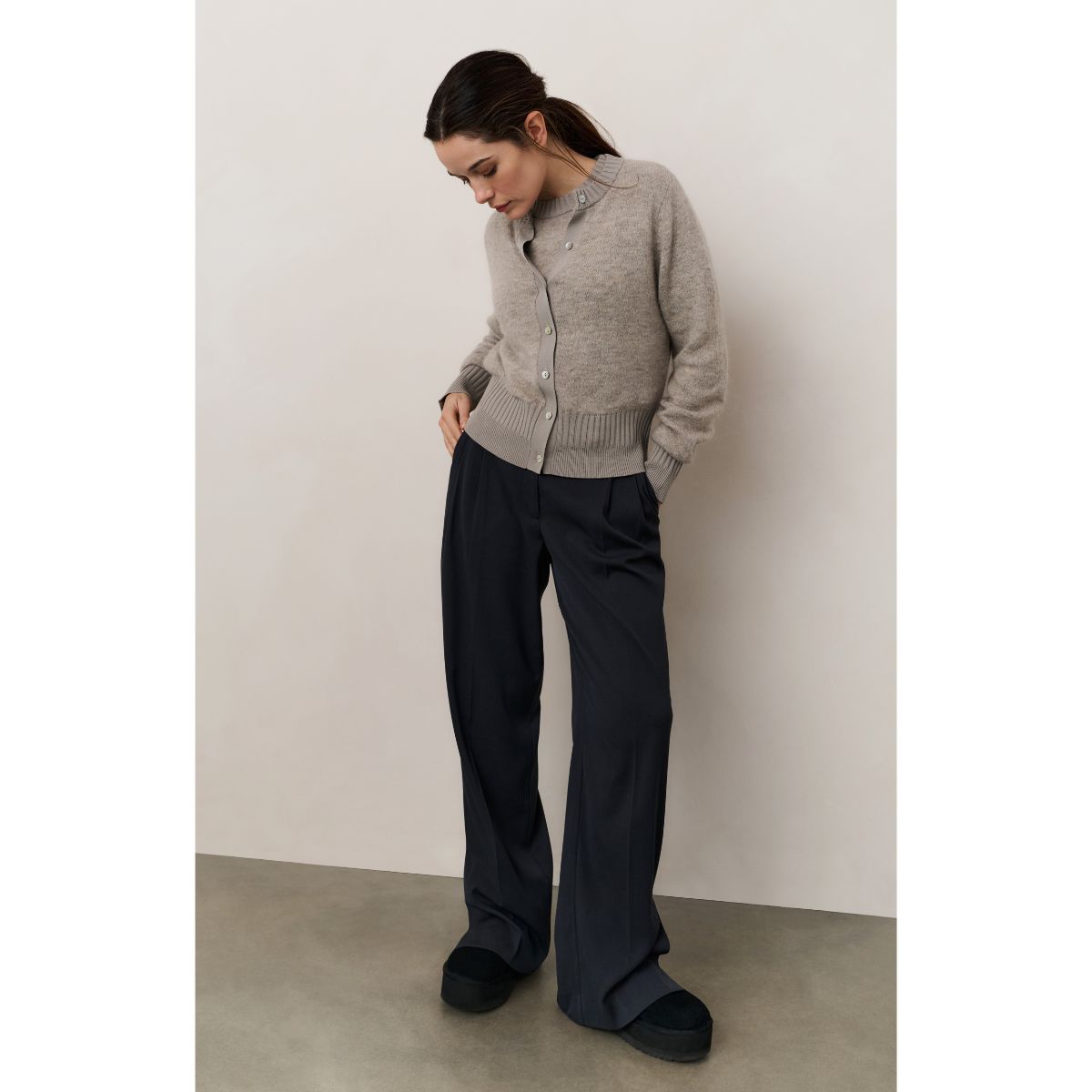 YAYA Ribbed Cuff Cardigan Sweater — Brownish Grey