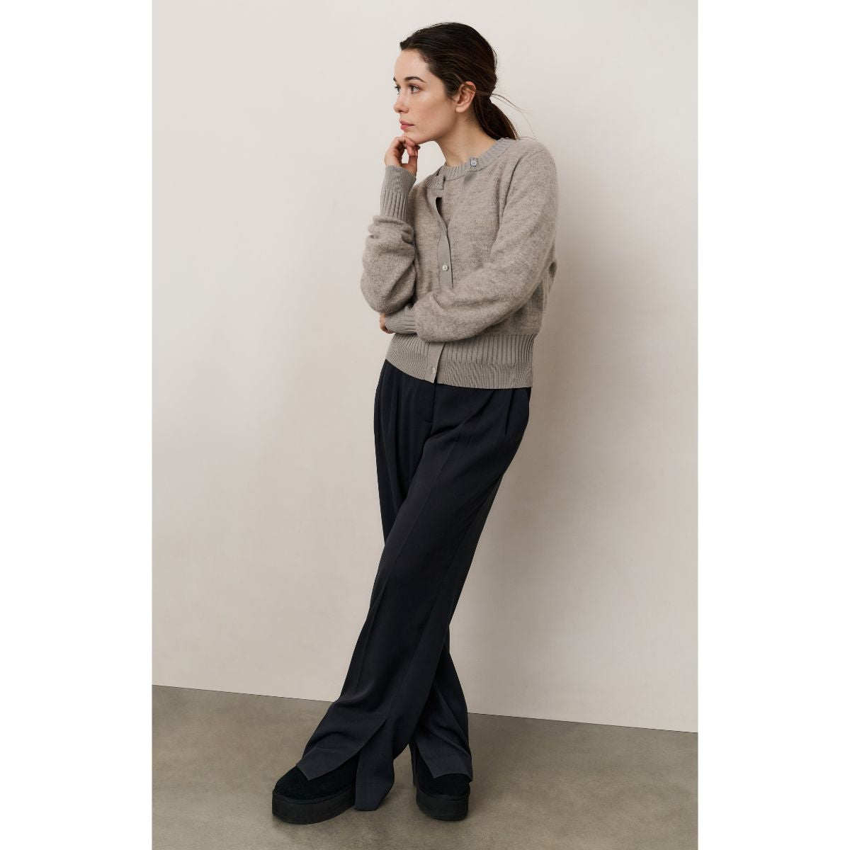 YAYA Ribbed Cuff Cardigan Sweater — Brownish Grey