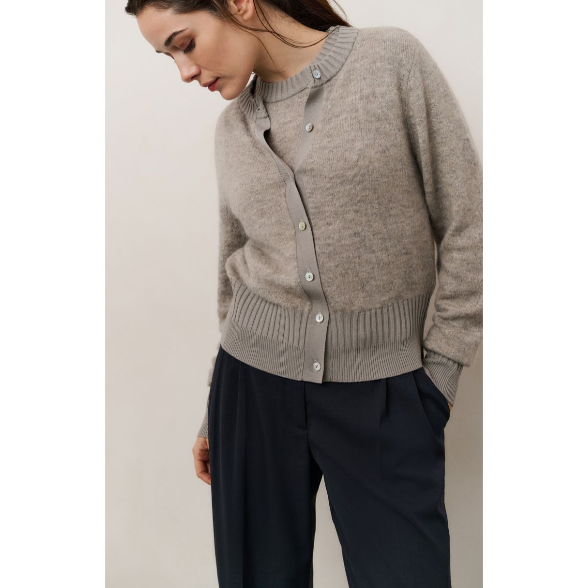 YAYA Ribbed Cuff Cardigan Sweater — Brownish Grey