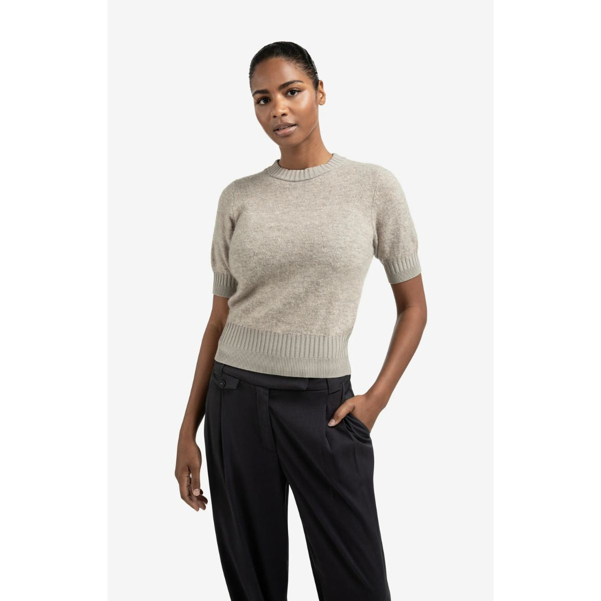 YAYA Short-Sleeved Alpaca Blend Sweater — Brownish Grey