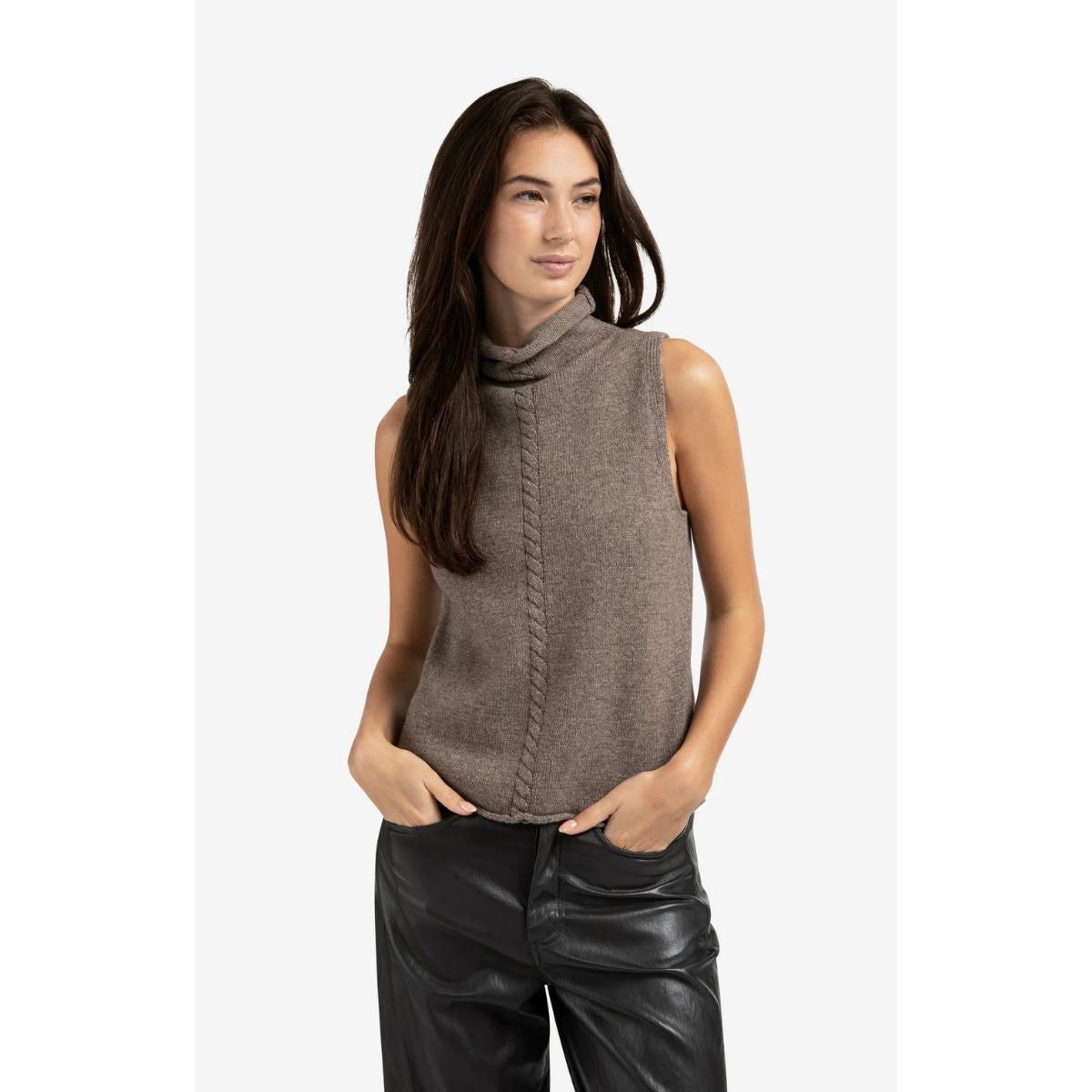 YAYA Sleeveless Cable Sweater — Brown Melange