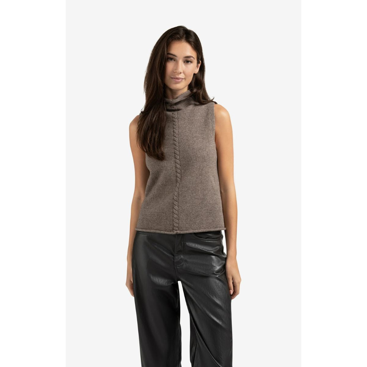 YAYA Sleeveless Cable Sweater — Brown Melange