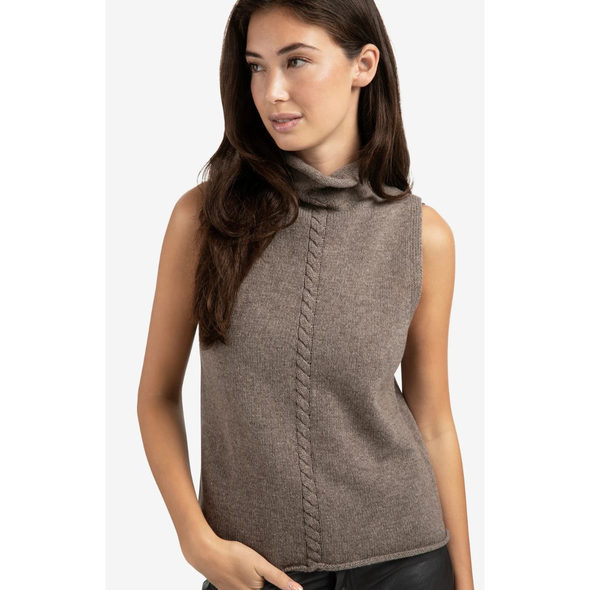 YAYA Sleeveless Cable Sweater — Brown Melange