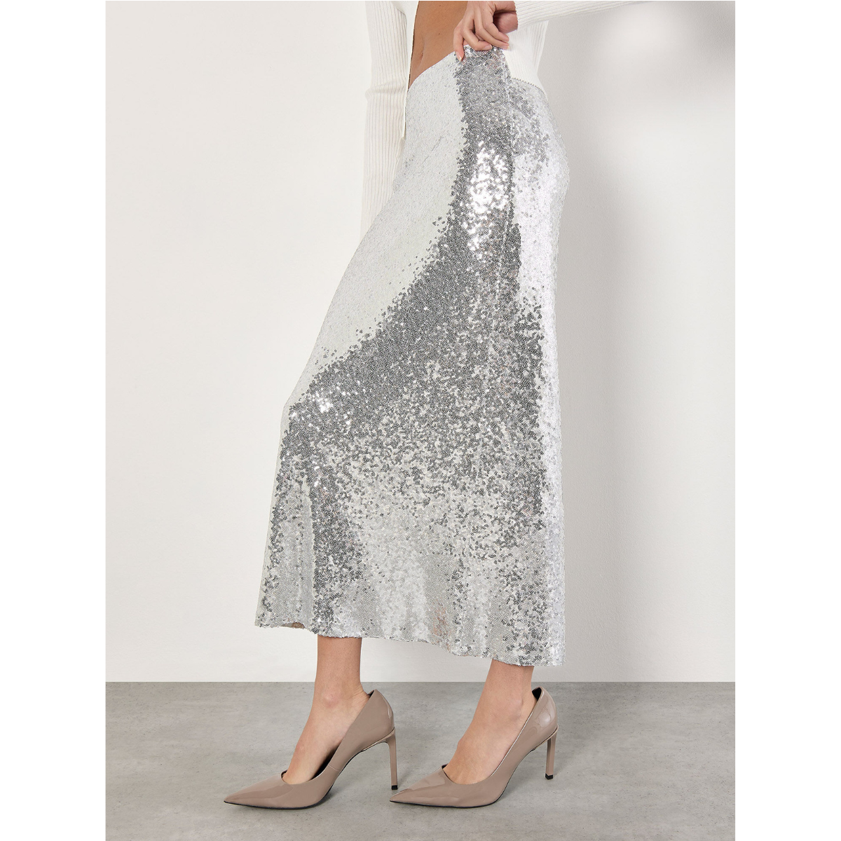 Sequin Bias Cut Pencil Skirt — Silver