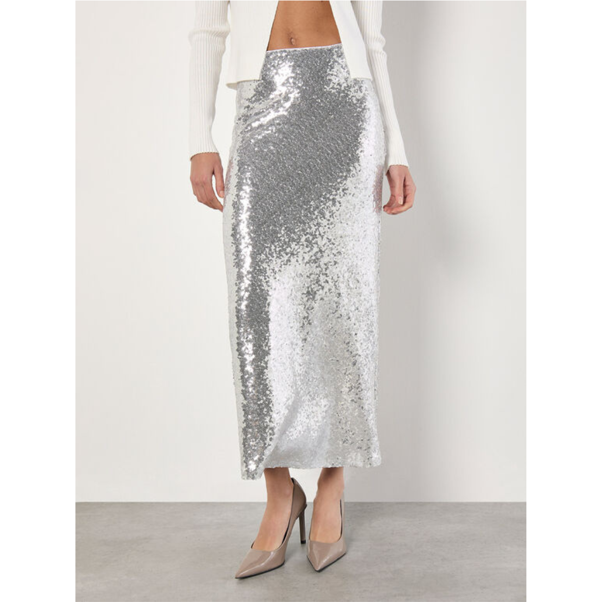 Sequin Bias Cut Pencil Skirt — Silver