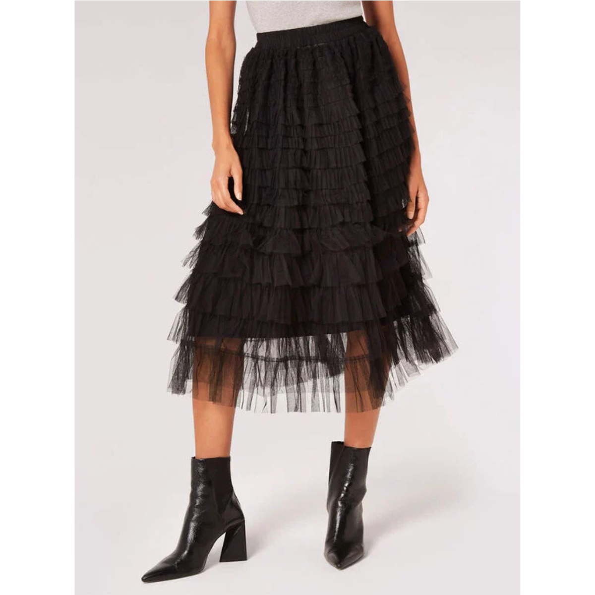 Tulle Ruffle Tiered Midi Skirt — Black