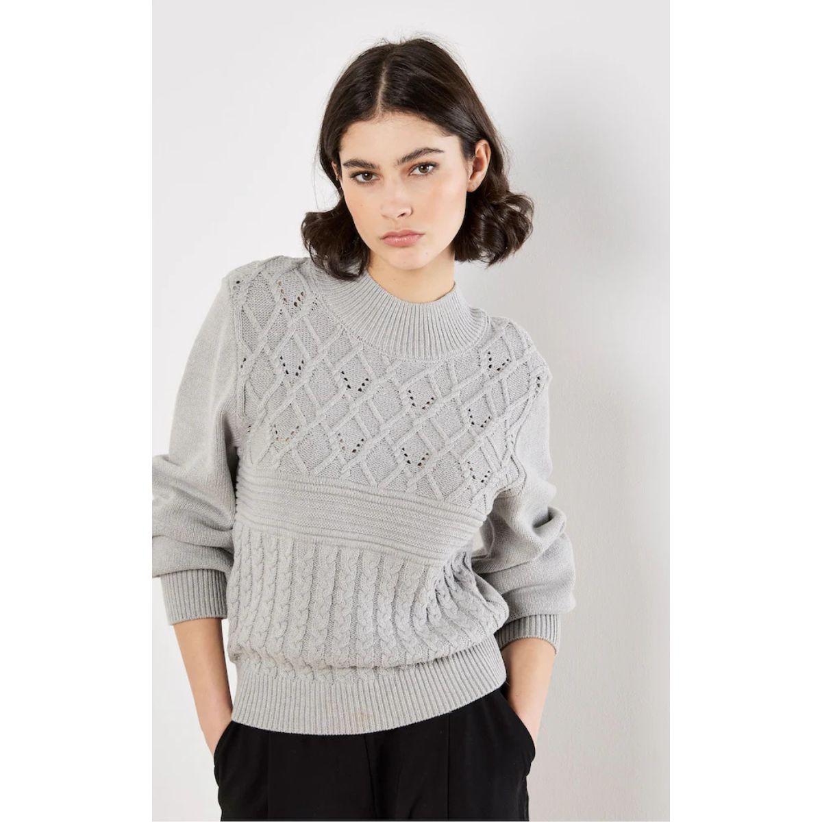 Multi Cable Mockneck Sweater — Silver