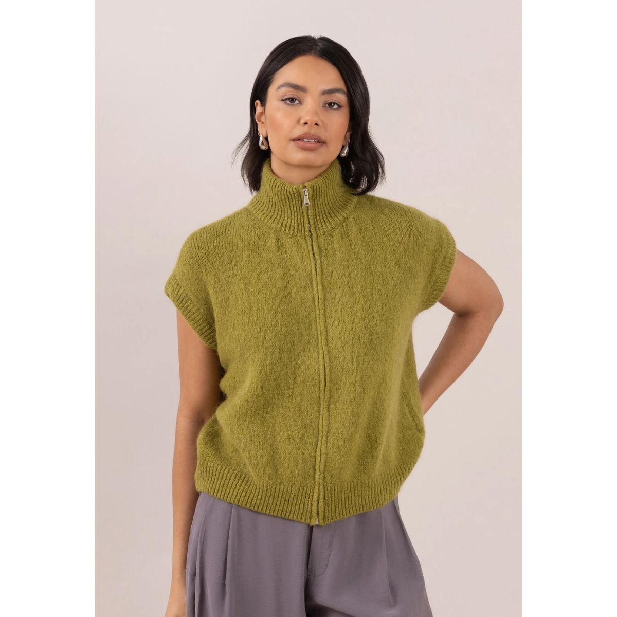 Leigh Sleeveless Zip Cardigan — Olive Green - Public Mercantile