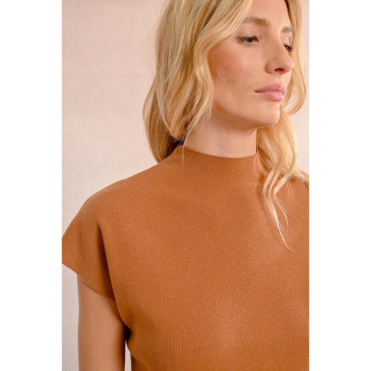 Short-Sleeved Ribbed Top — Camel