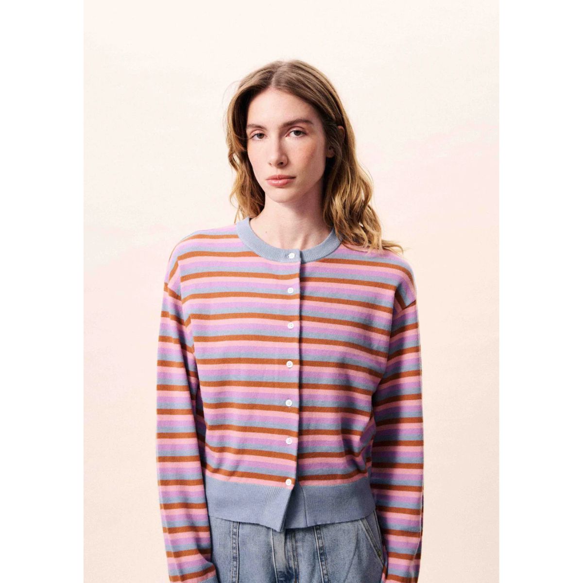 FRNCH Adria Striped Cardigan — Light Blue/Pink - Public Mercantile
