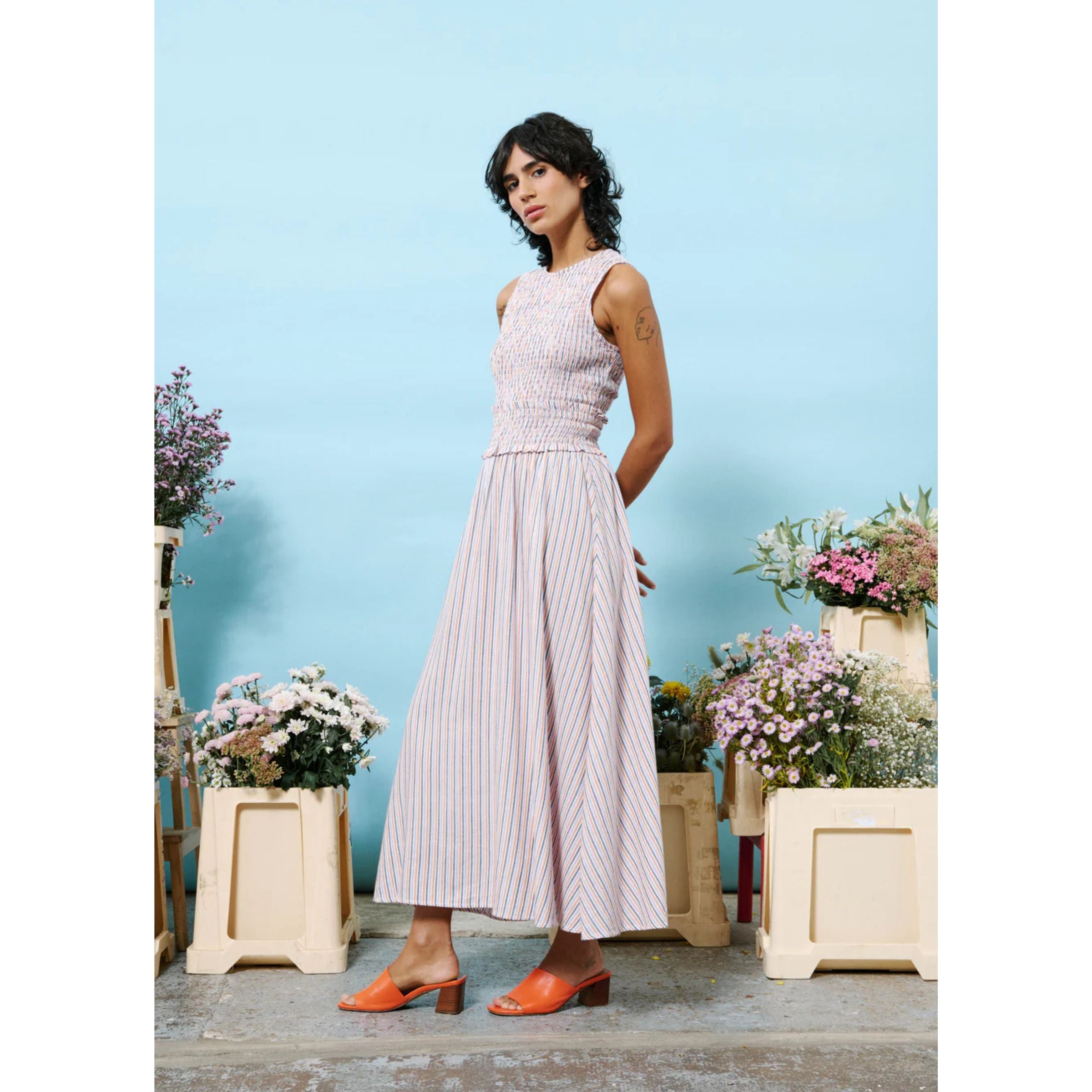FRNCH Smocked Sleeveless Dress — Stripe