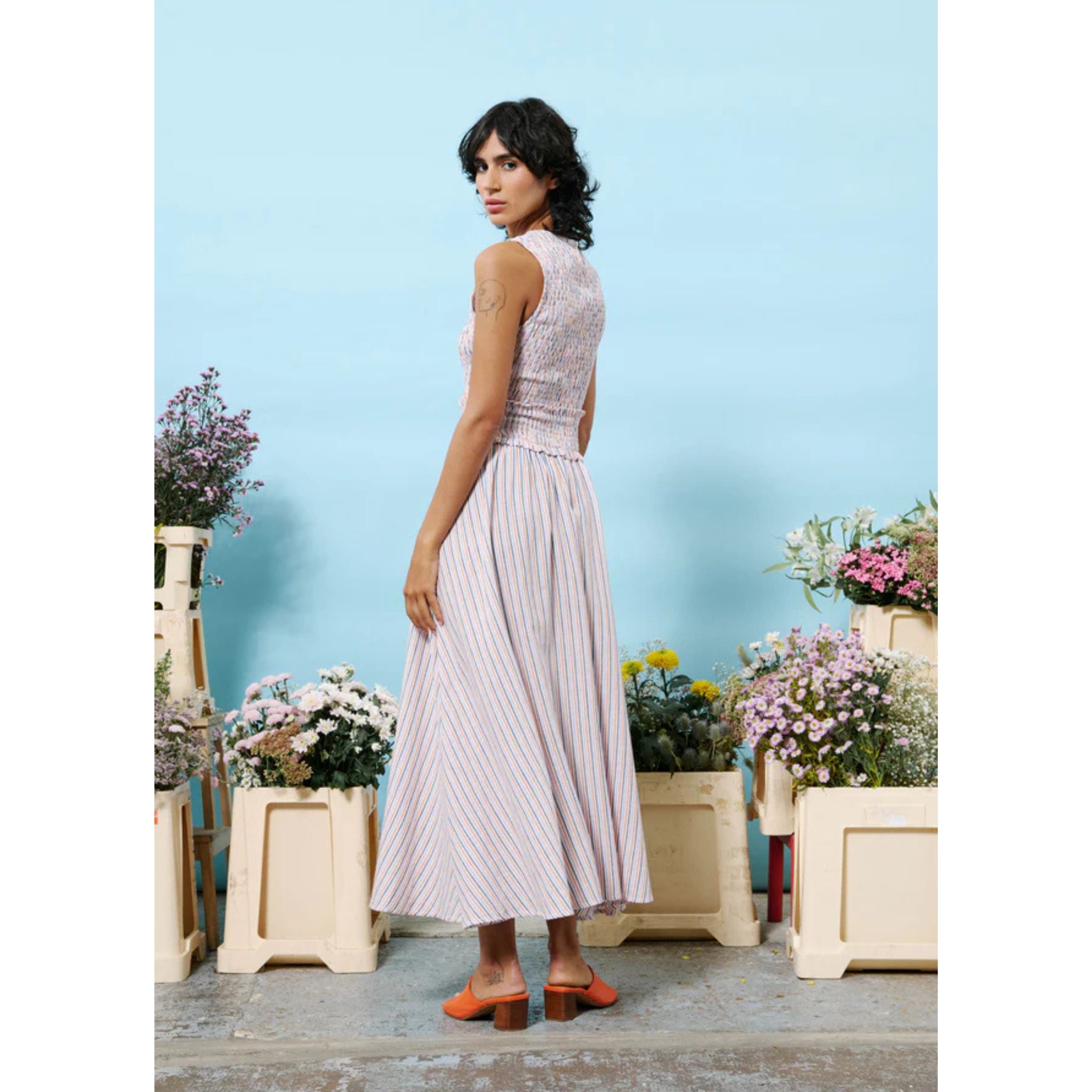 FRNCH Smocked Sleeveless Dress — Stripe