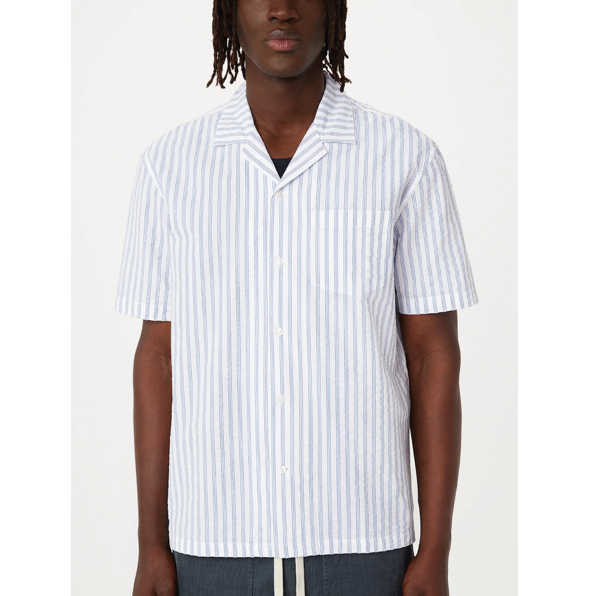 Frank And Oak Seersucker Camp Collar Shirt — Cobalt Blue - Public Mercantile