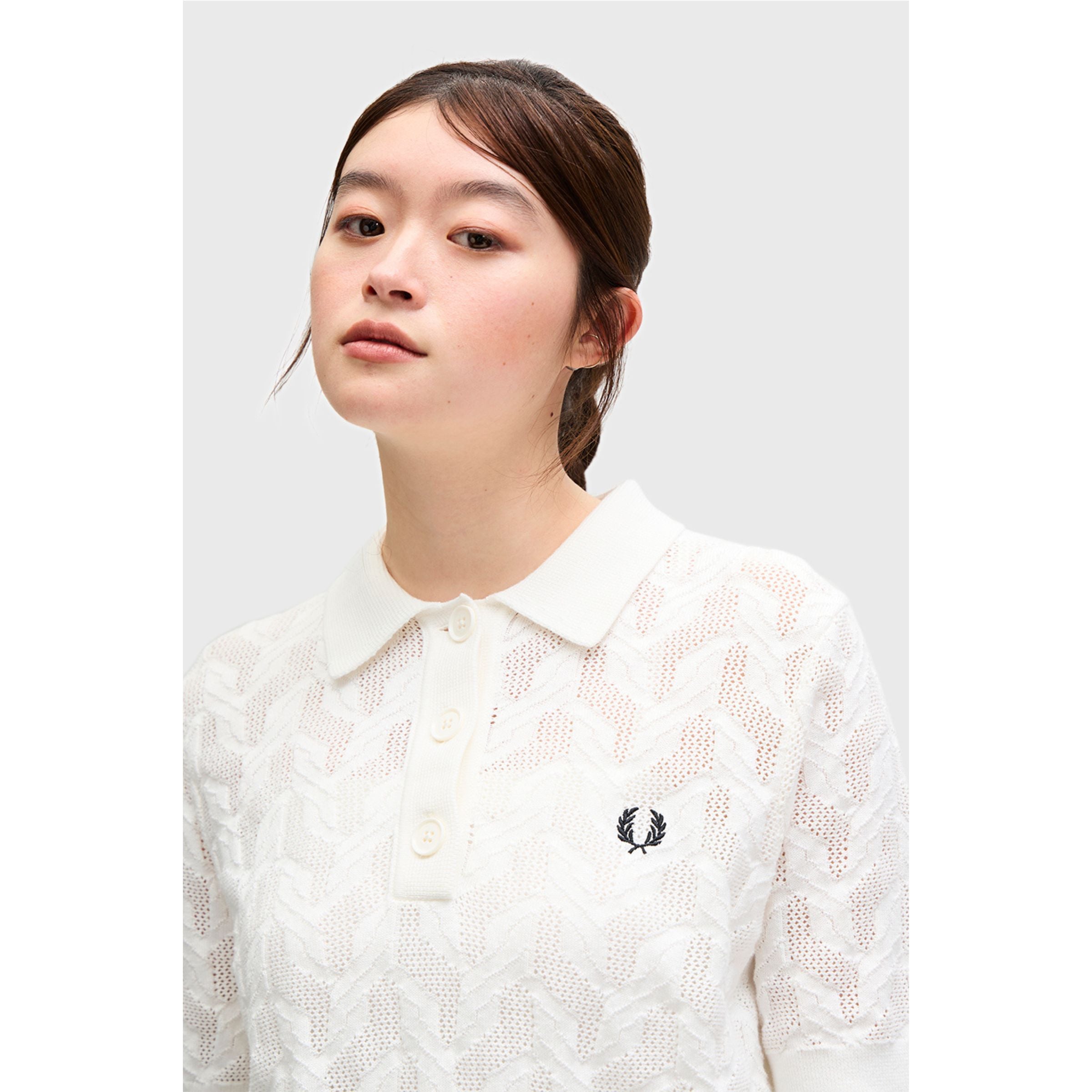 Fred Perry Textured Open Knit Polo Shirt — Snow White