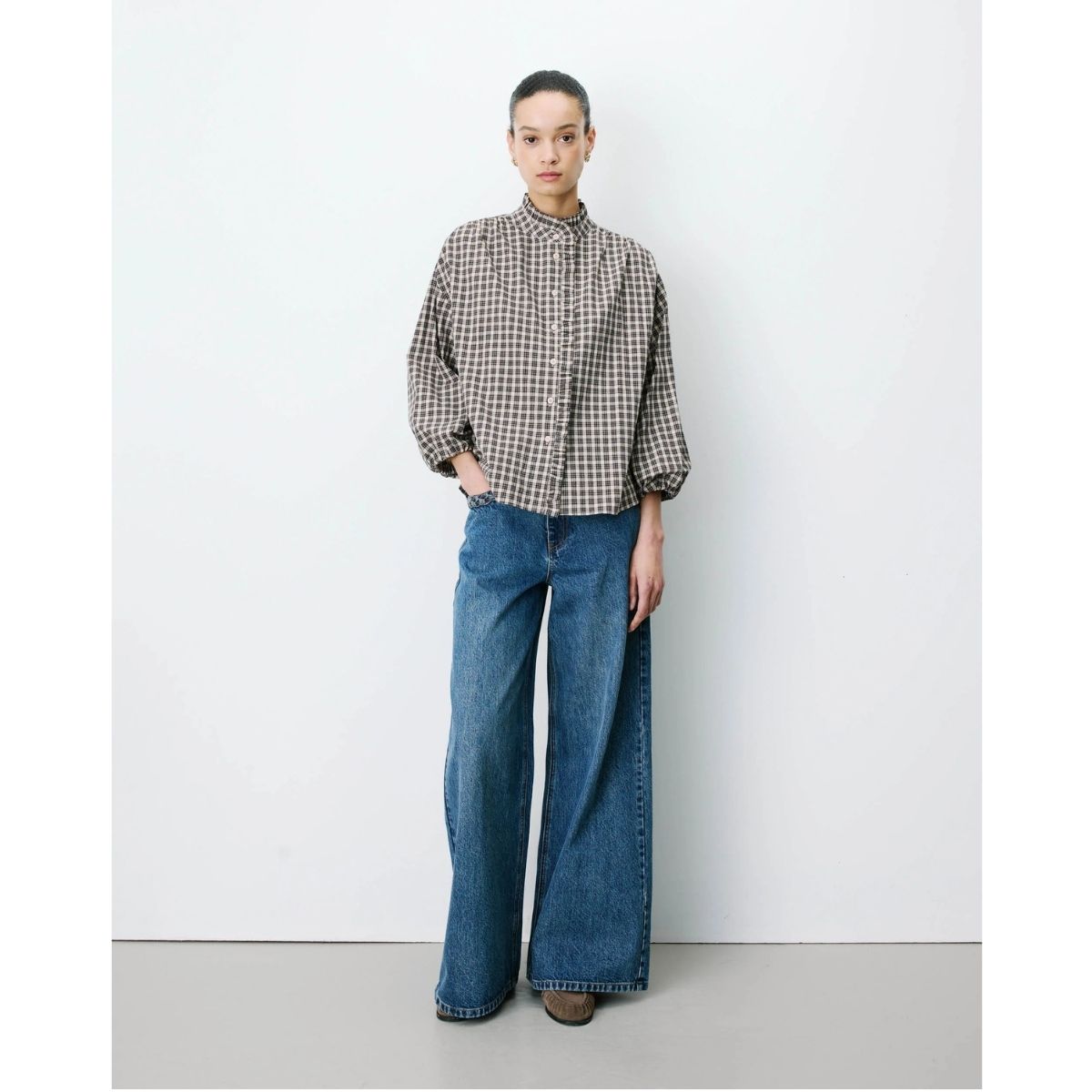 Adelie Button-up Blouse — Latte Check - Public Mercantile