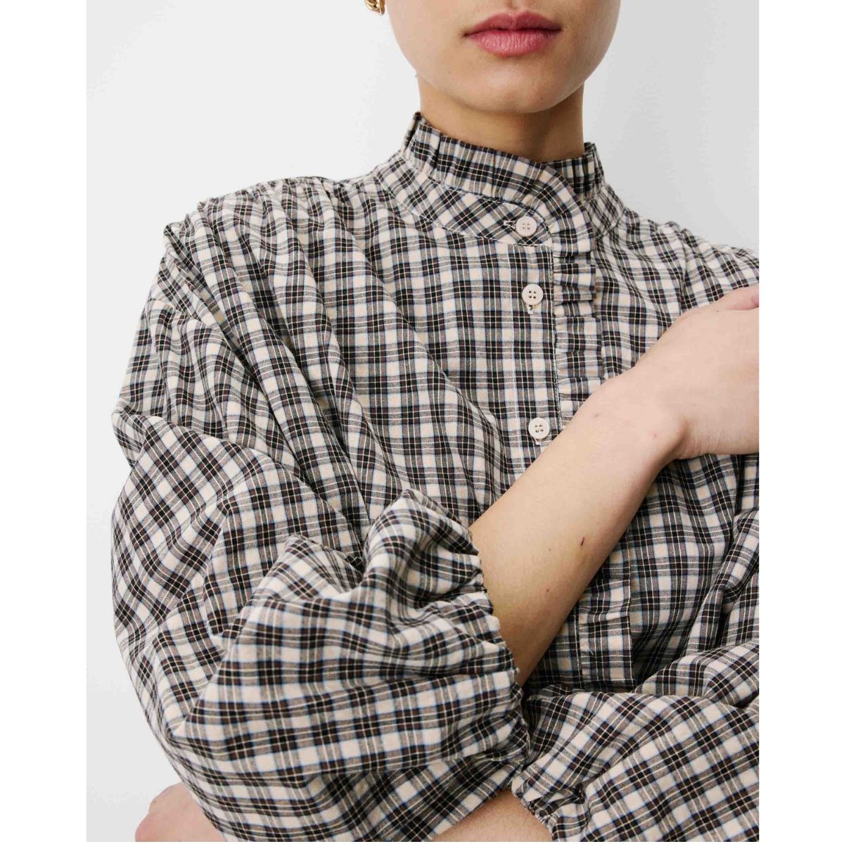 Adelie Button-up Blouse — Latte Check - Public Mercantile