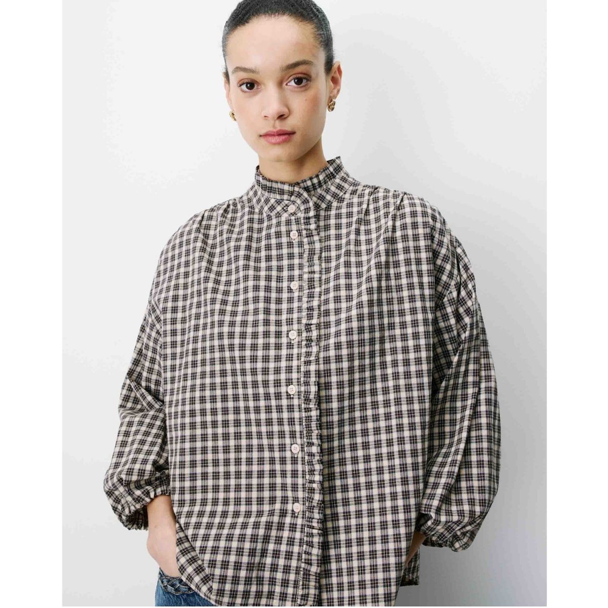 Adelie Button-up Blouse — Latte Check - Public Mercantile