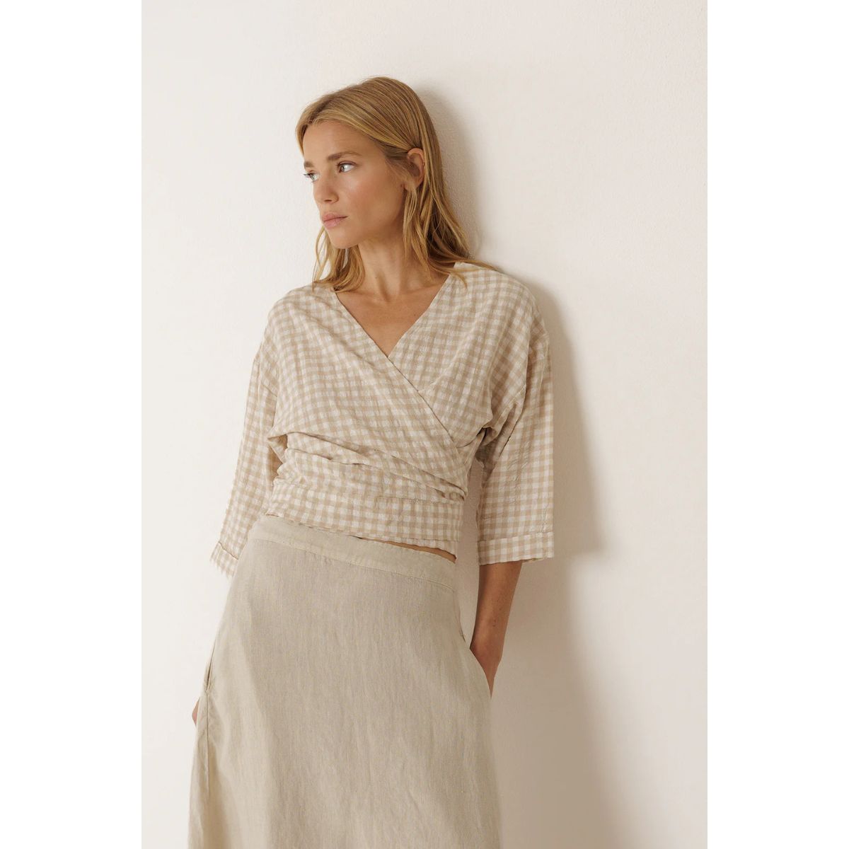 Tie-Crop Gingham Shirt — Beige - Public Mercantile