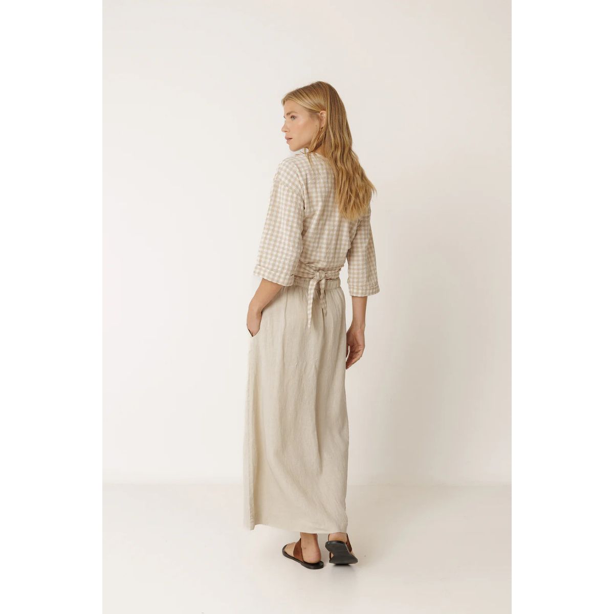 Tie-Crop Gingham Shirt — Beige - Public Mercantile