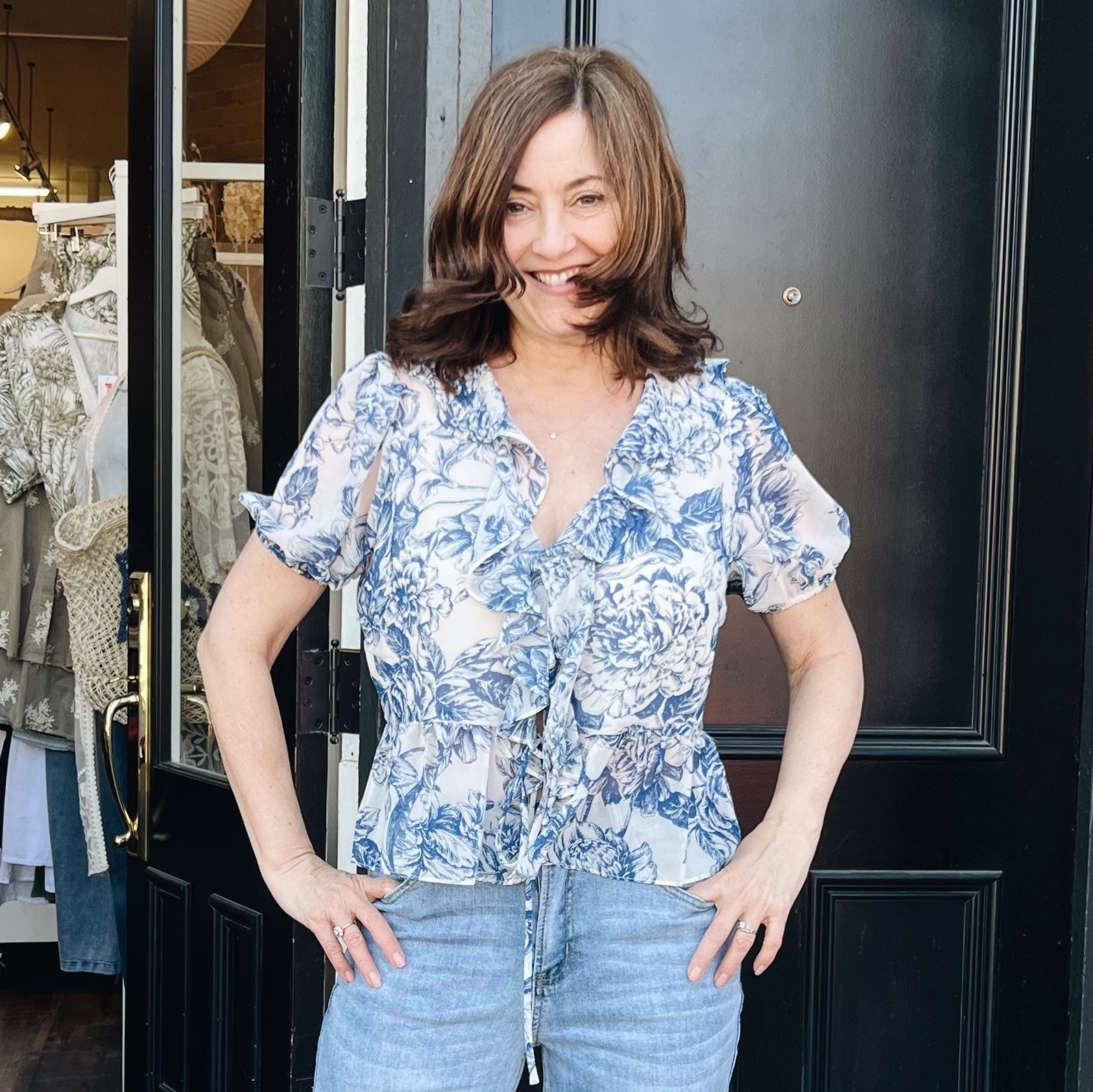 Lucy Paris Bee Ruffle Top — Blue Floral