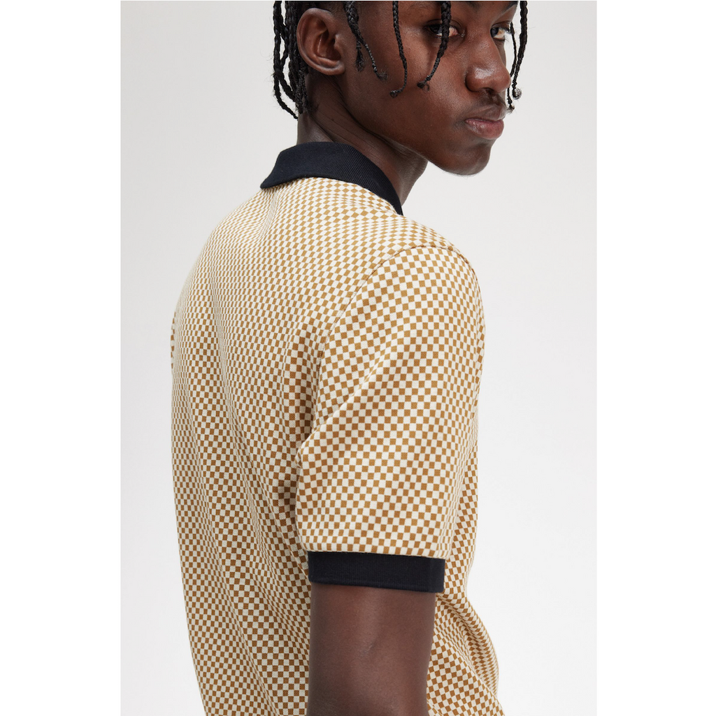 Fred Perry Micro Zip Chequerboard Polo Shirt — Oatmeal/Dark Caramel