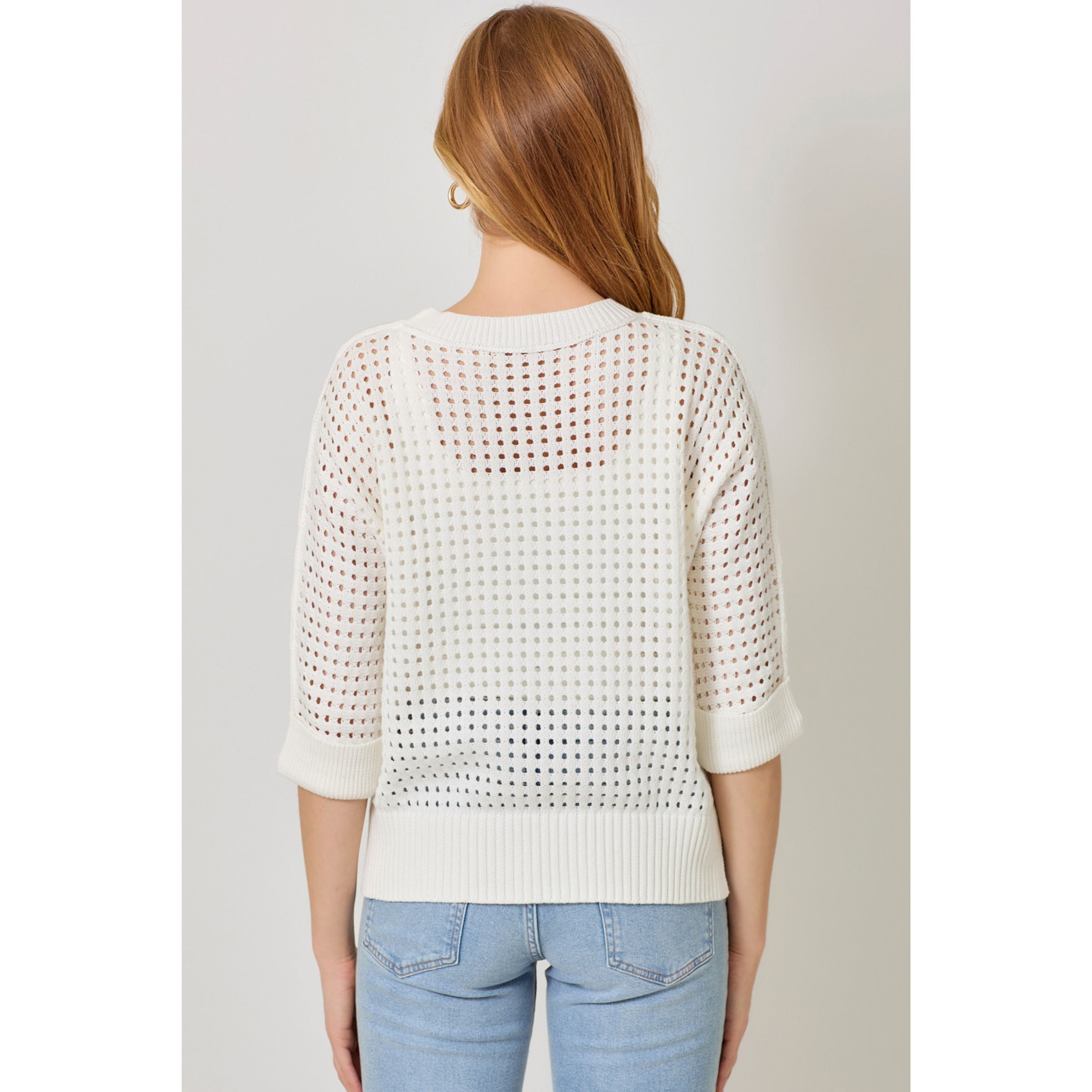 3/4 Sleeve Open Knit Cotton Sweater — Ecru