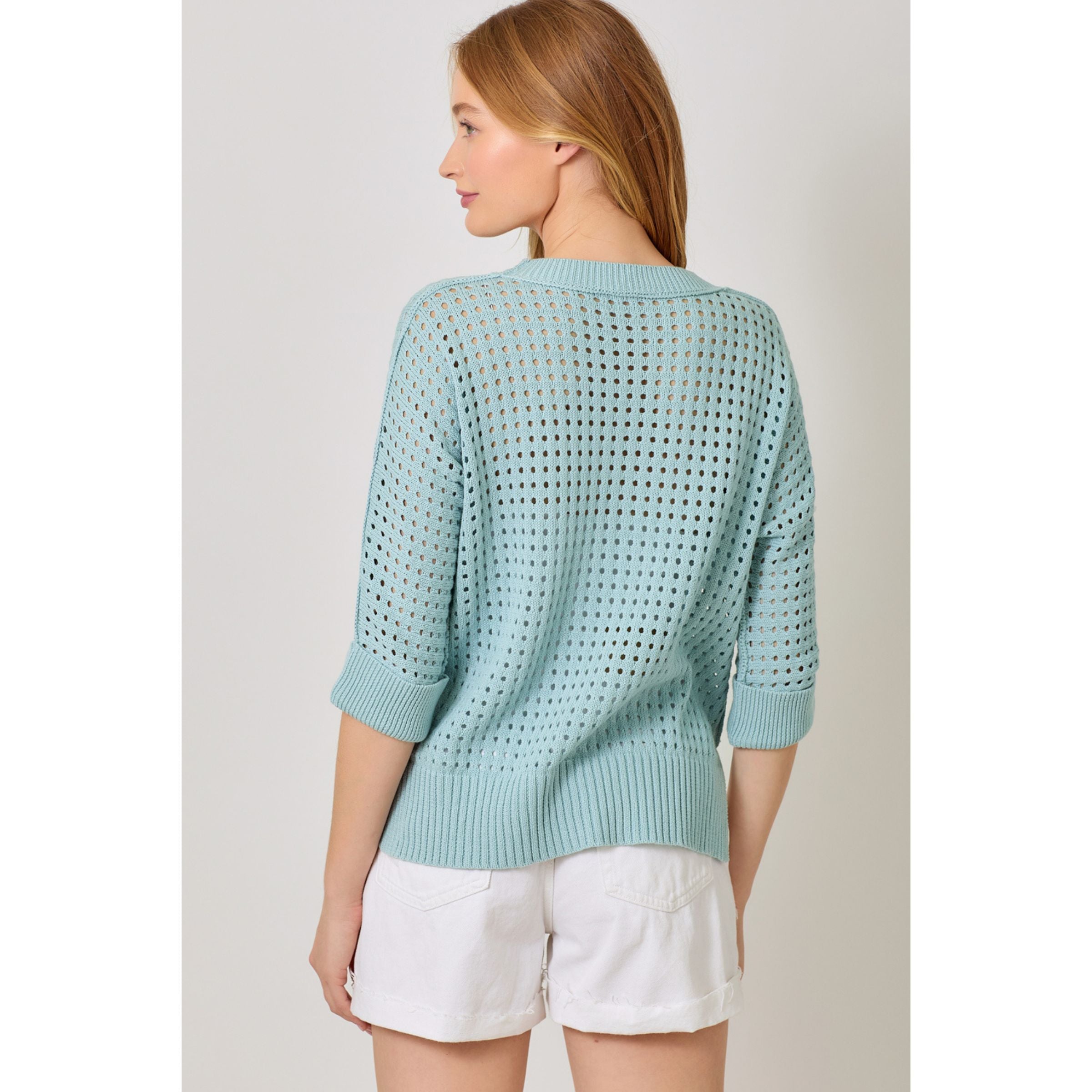 3/4 Sleeve Open Knit Cotton Sweater — Powder Blue