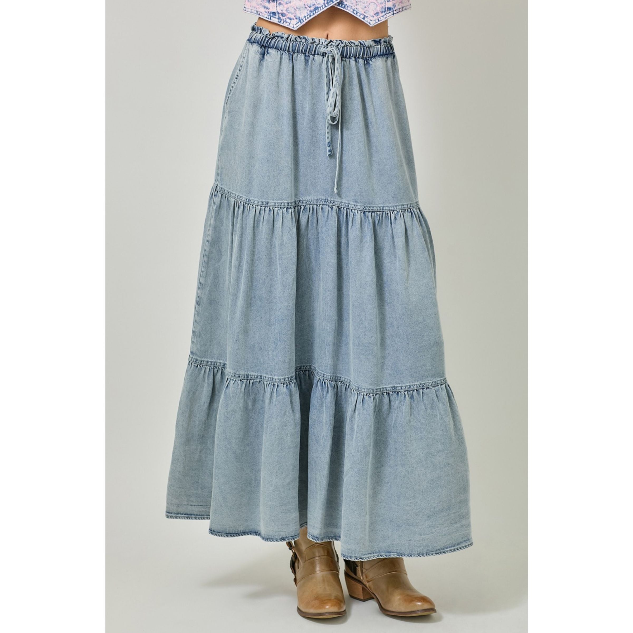 Long Tiered Skirt — Light Denim Blue