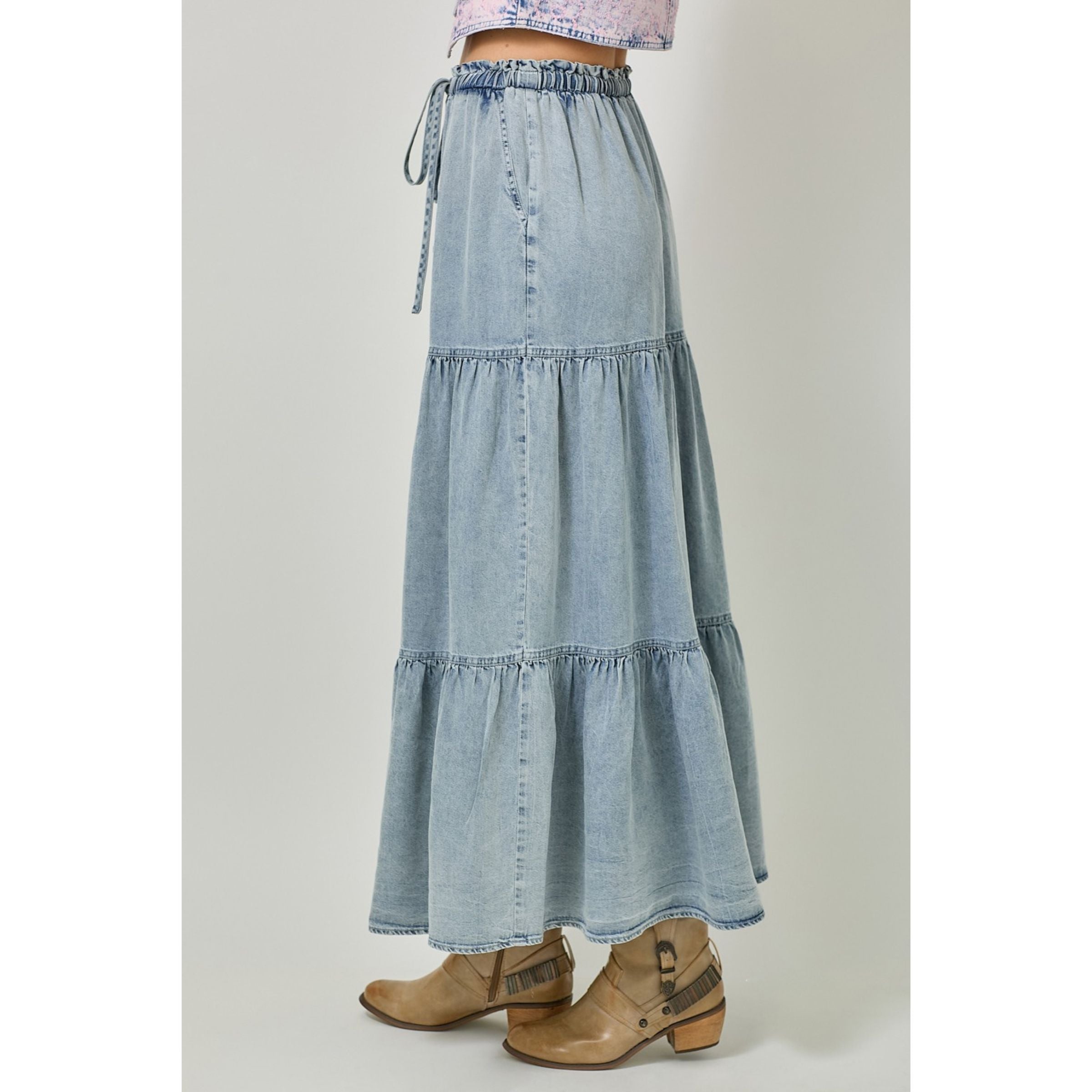 Long Tiered Skirt — Light Denim Blue