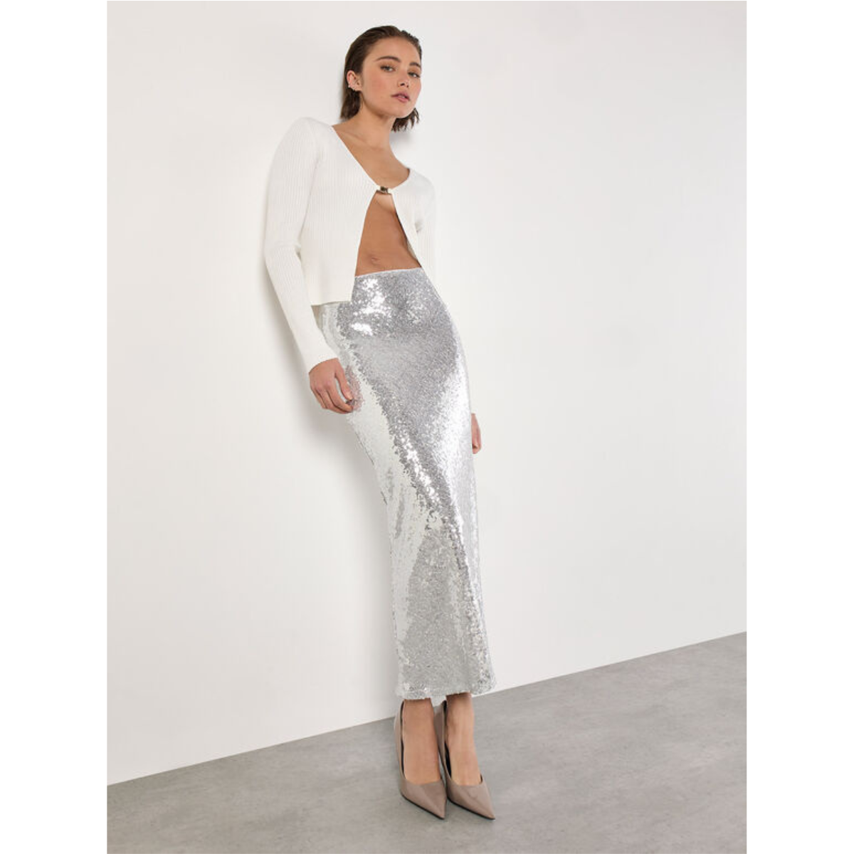 Sequin Bias Cut Pencil Skirt — Silver - Public Mercantile