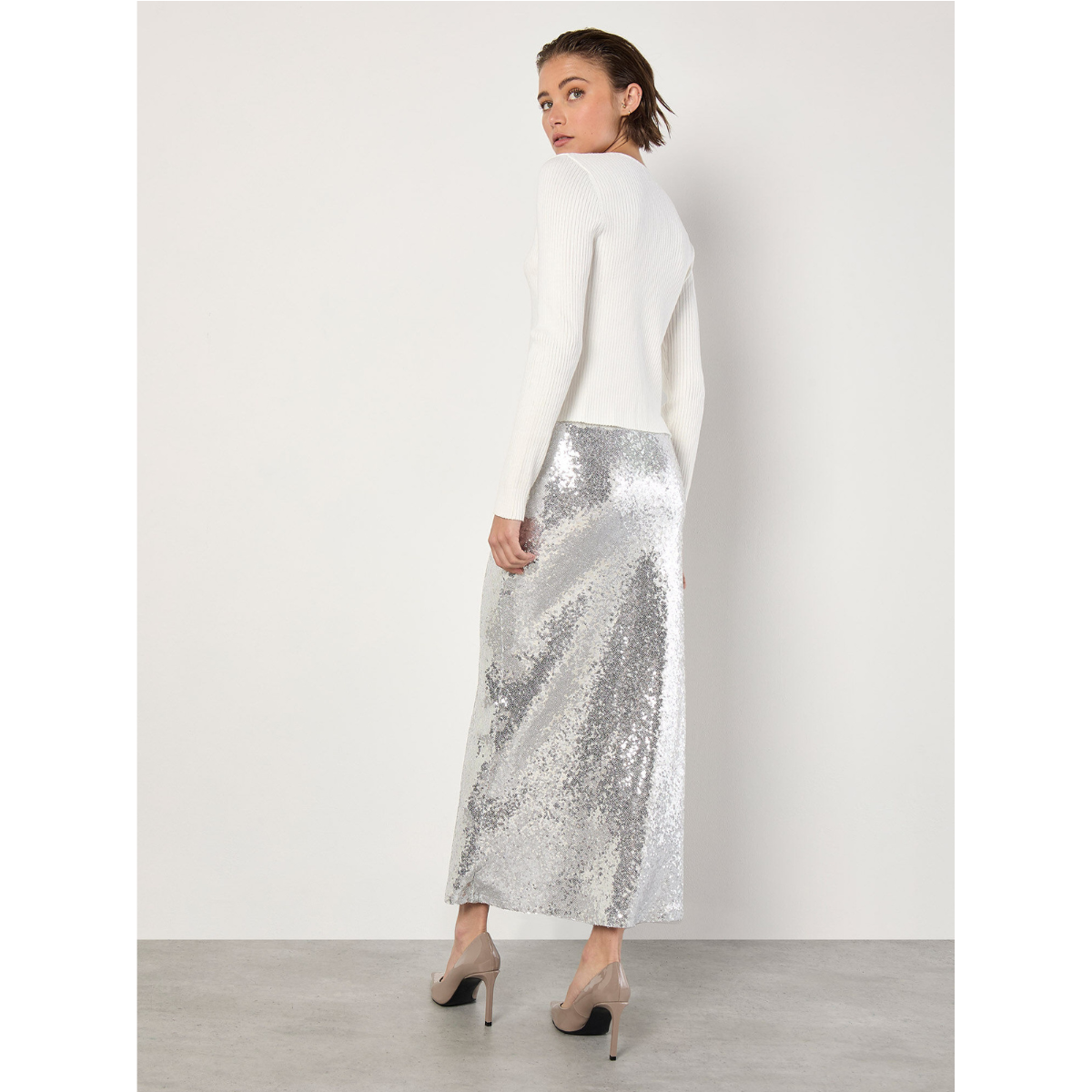 Sequin Bias Cut Pencil Skirt — Silver - Public Mercantile