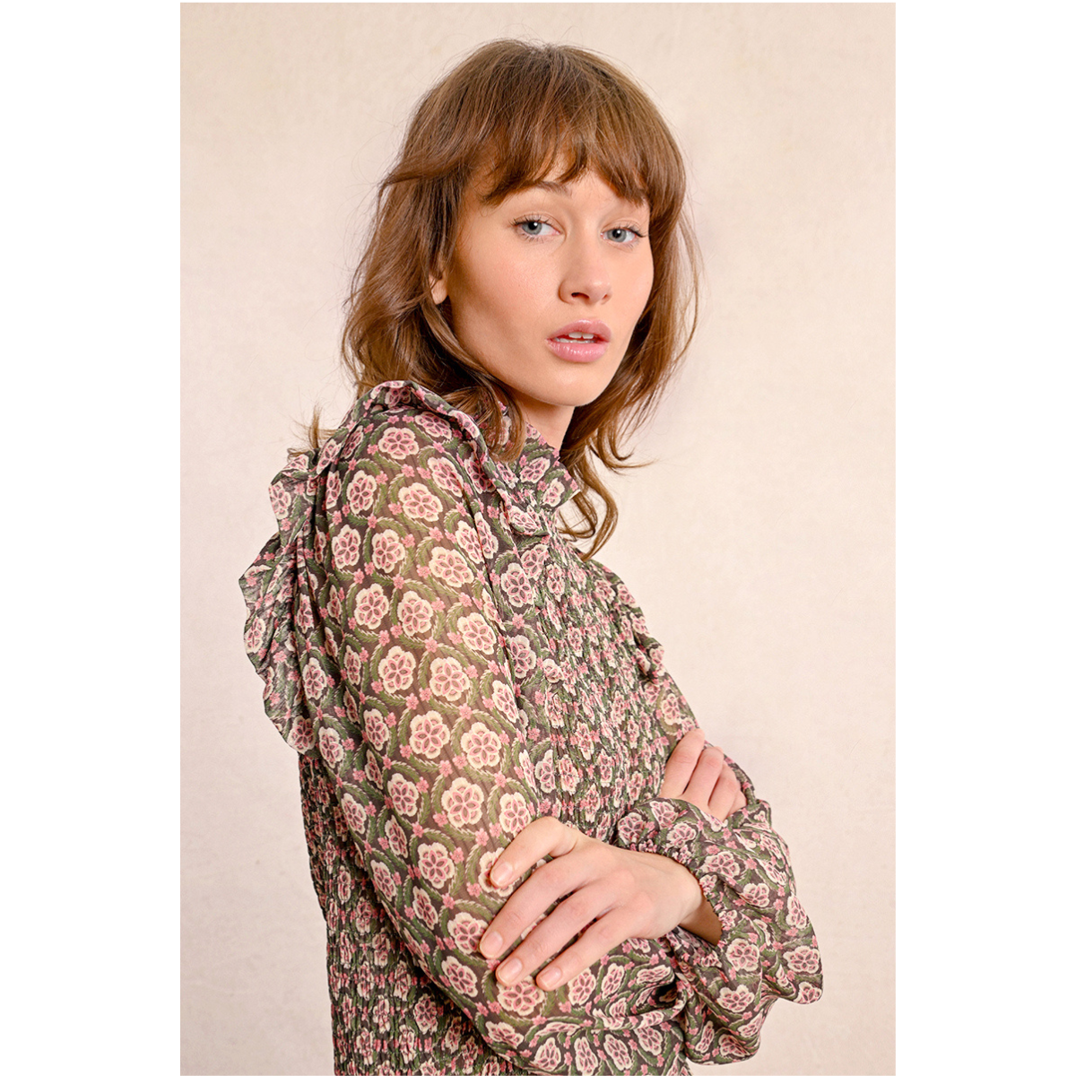 Semi-Sheer Patterned Blouse — Khaki Pink