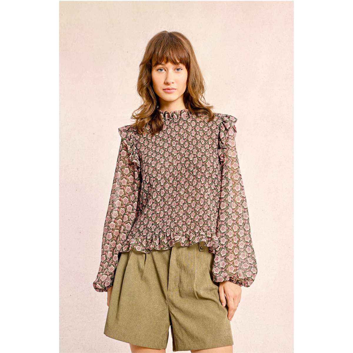 Semi-Sheer Patterned Blouse — Khaki Pink