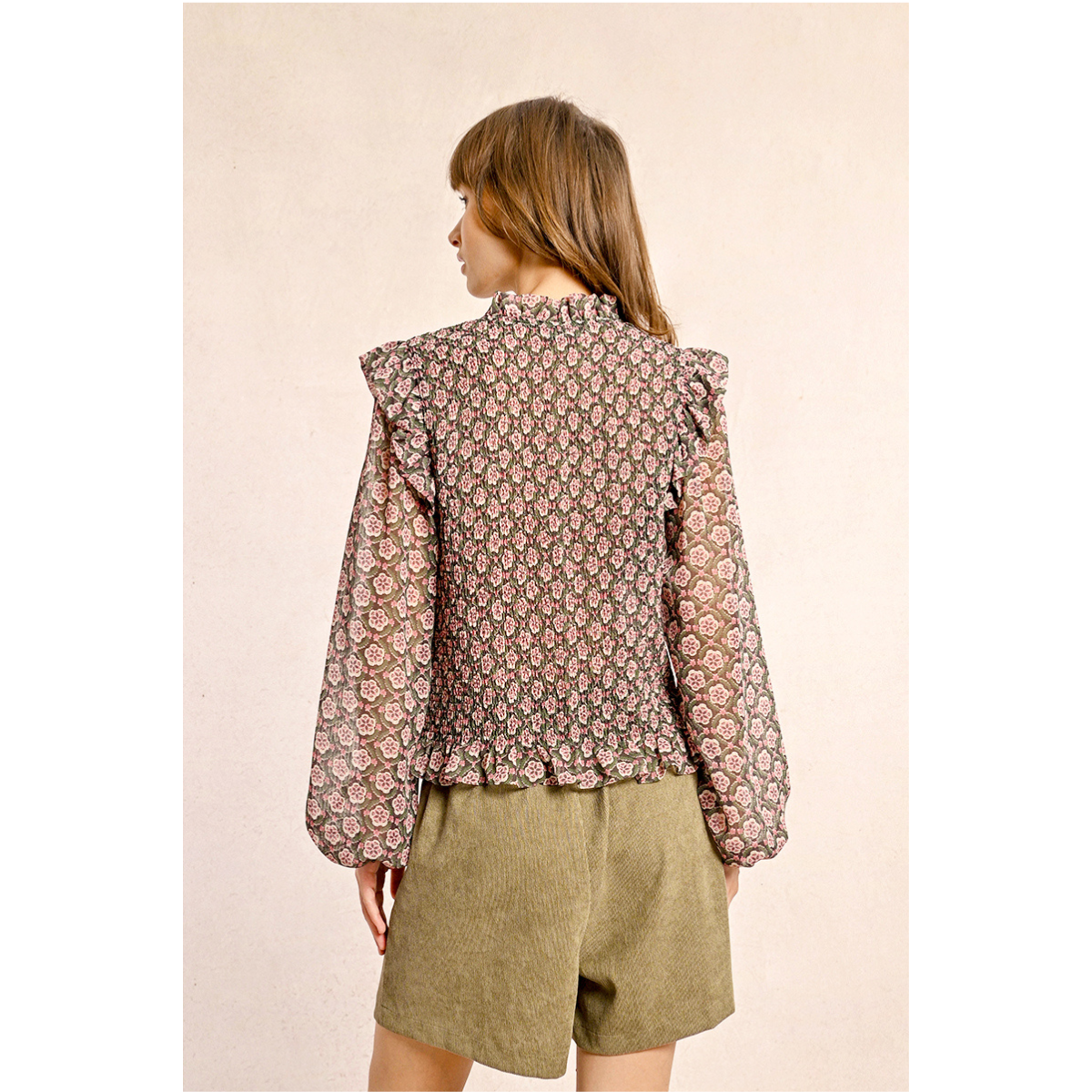 Semi-Sheer Patterned Blouse — Khaki Pink