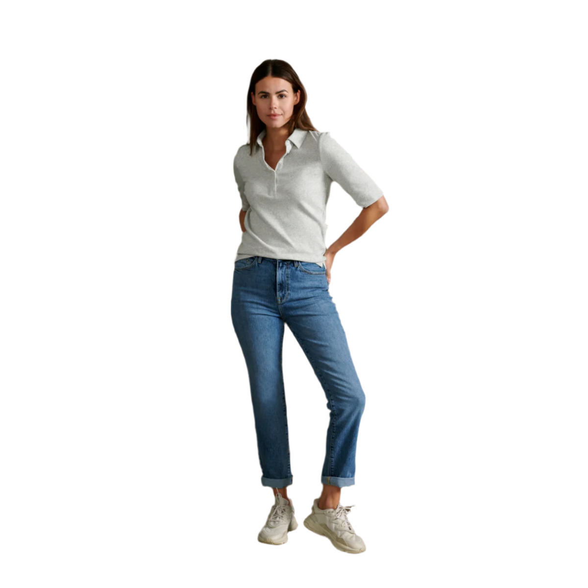 YAYA Fine Rib Jersey Polo Top — Medium Grey - Public Mercantile
